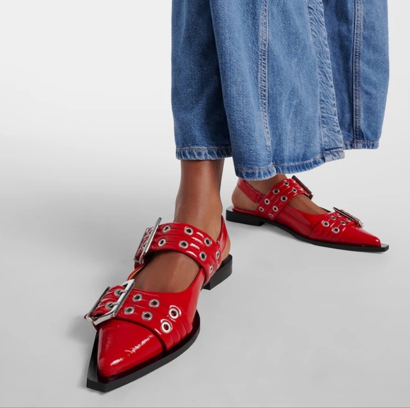 Ganni Chunky Buckle Ballerina Racing Red Slingback Flats / Sandals - Picture 5 of 13